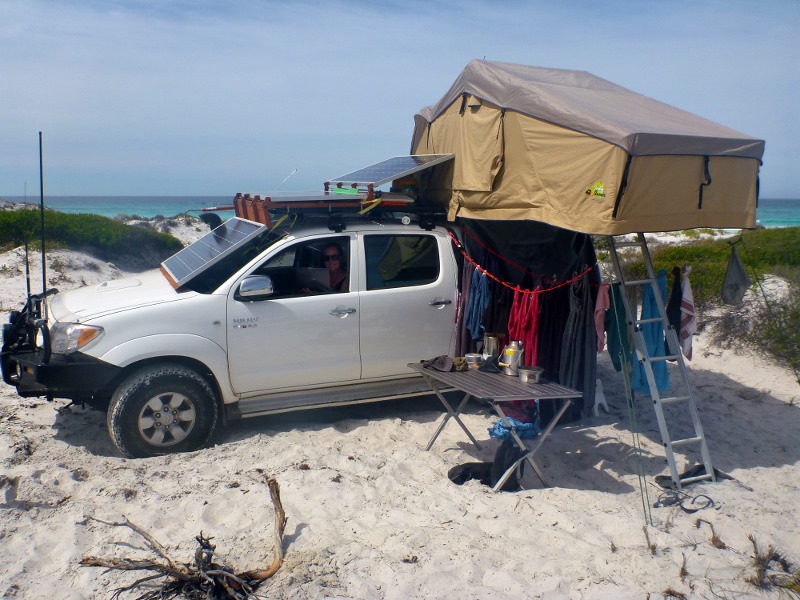 camping at Tooregullup Beach sharni doing work