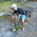 chopping sprouted coconut at chili beach