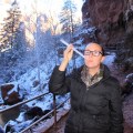 Sharni smoking an icicle, Zion National Park