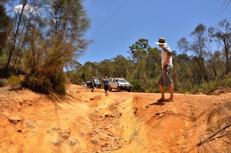deeply rutted power line track
