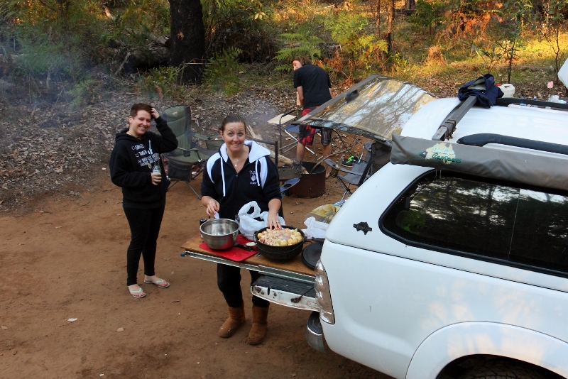 sharni making a camp oven roast chicken, wrights bridge