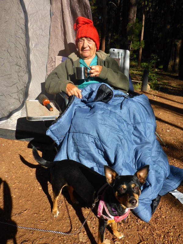 nonna camping with coffee